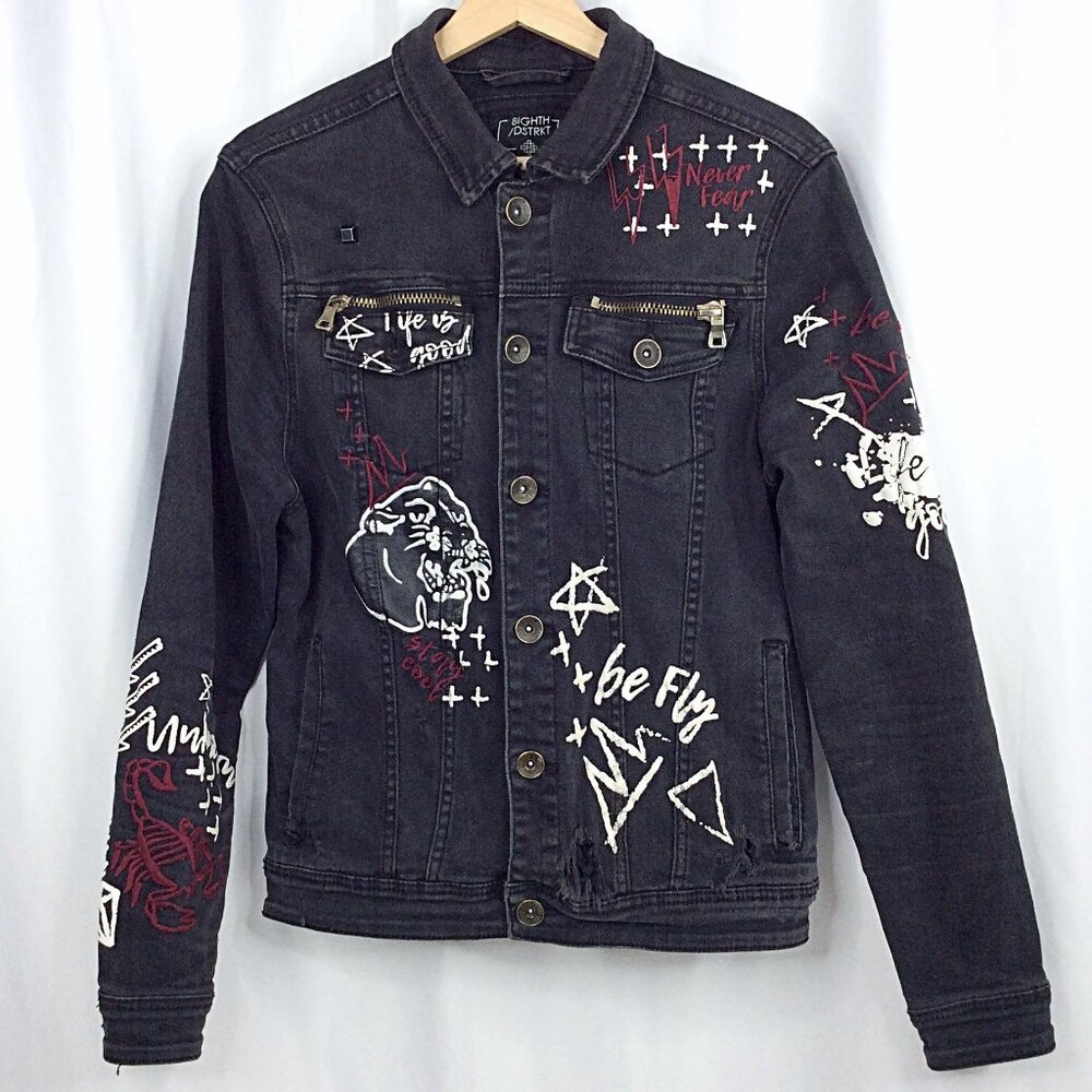 8IGHTH/DSTRKT Denim Jean Jacket Men's‎ Small Black Embroidered Artsy Distressed
